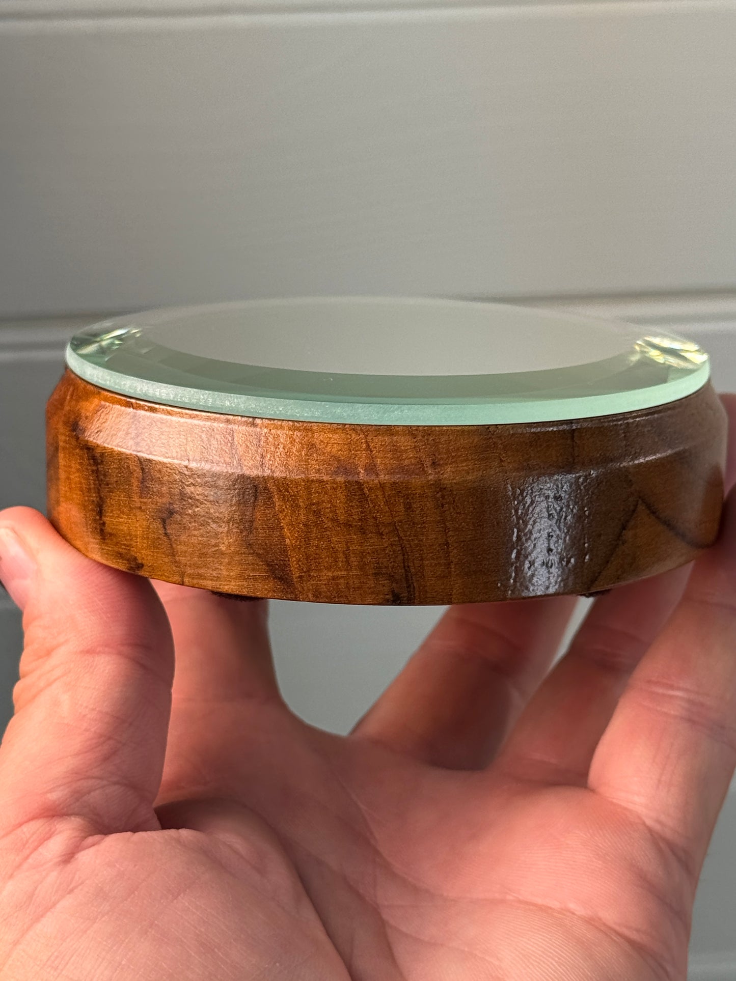 Mirrored Stand for figurines or gems. Figured wood.