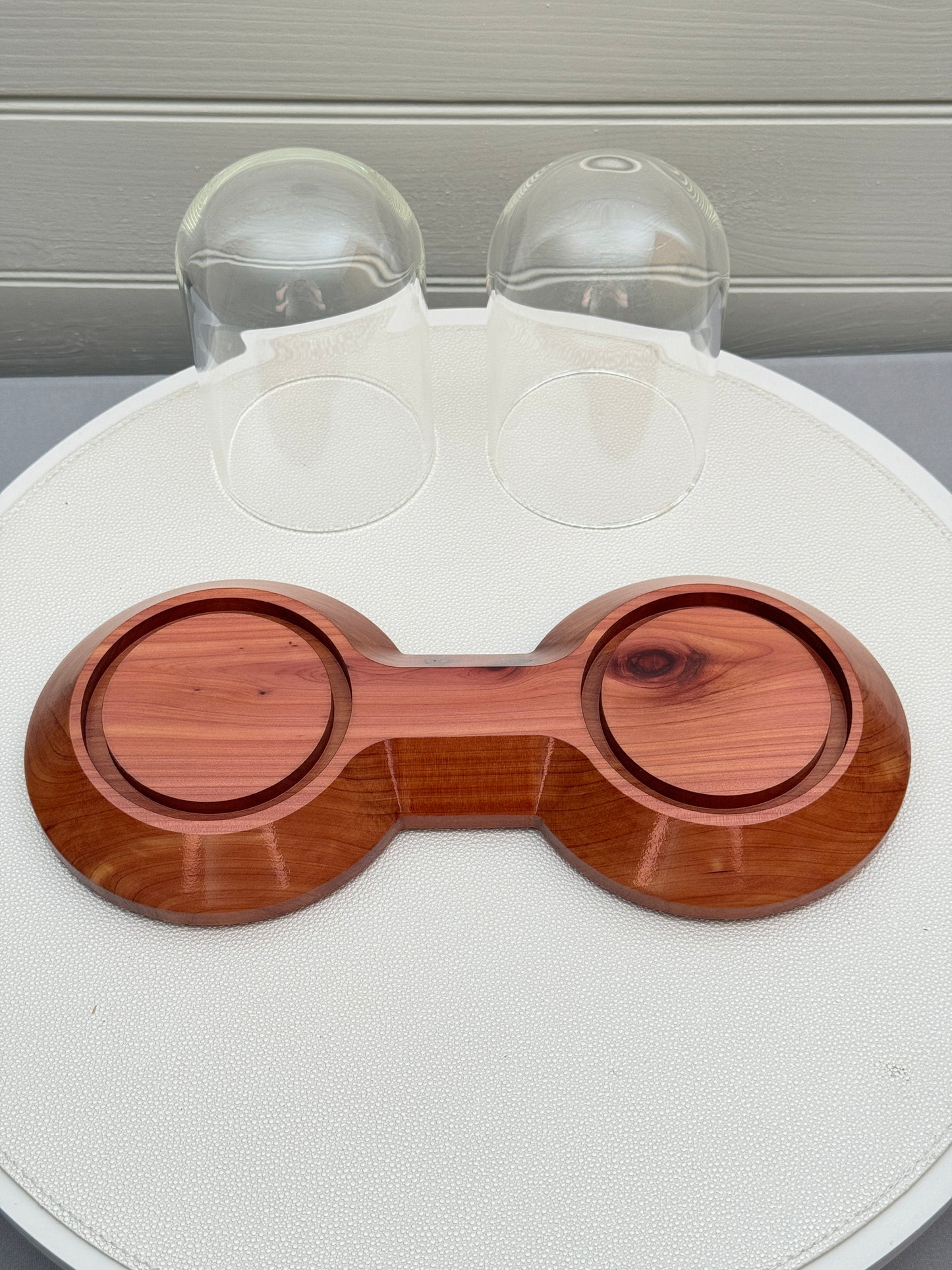 Cedar Showcase Display with 2 glass domes