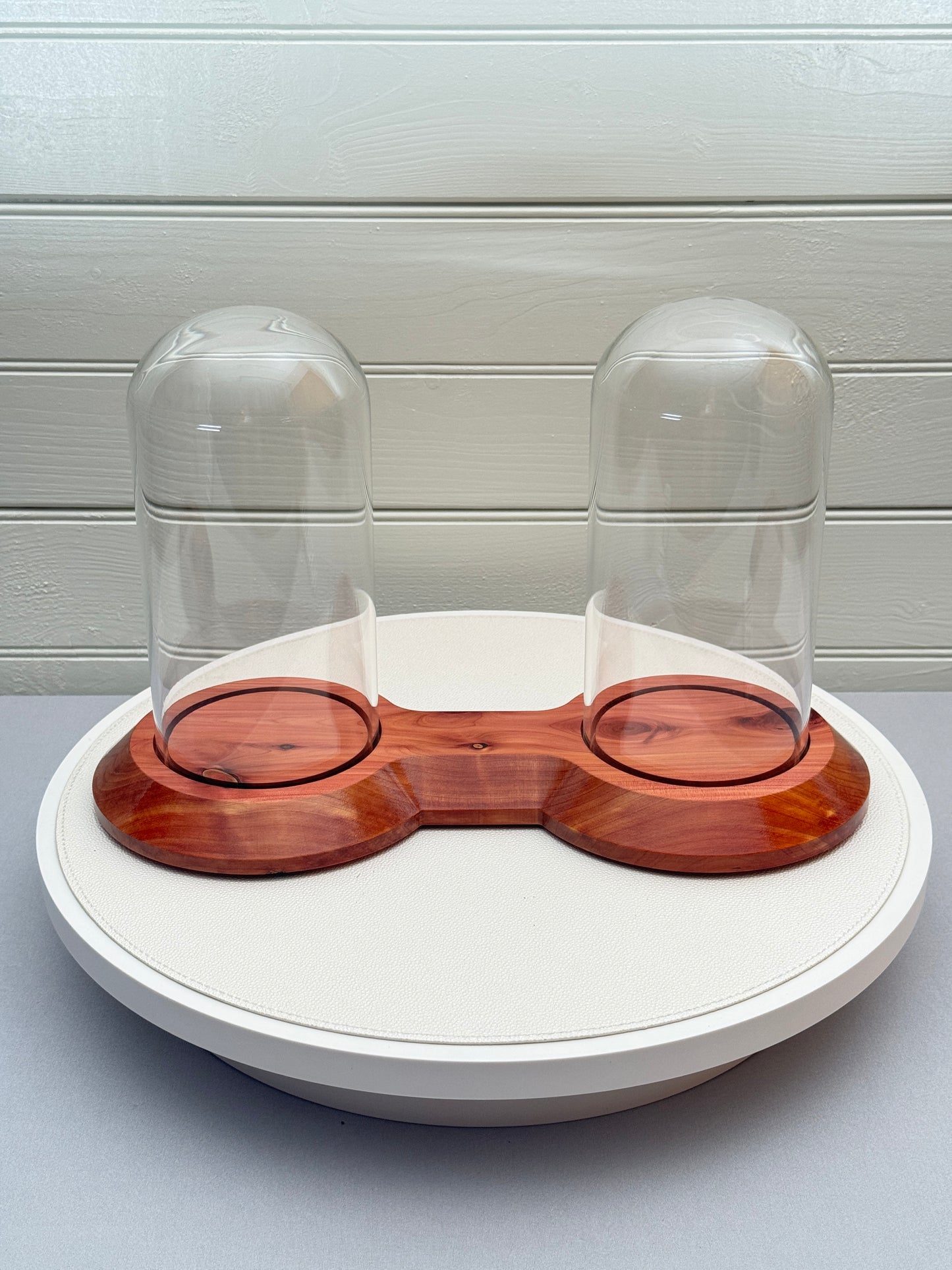 Large Cedar Showcase Display with 2 glass domes