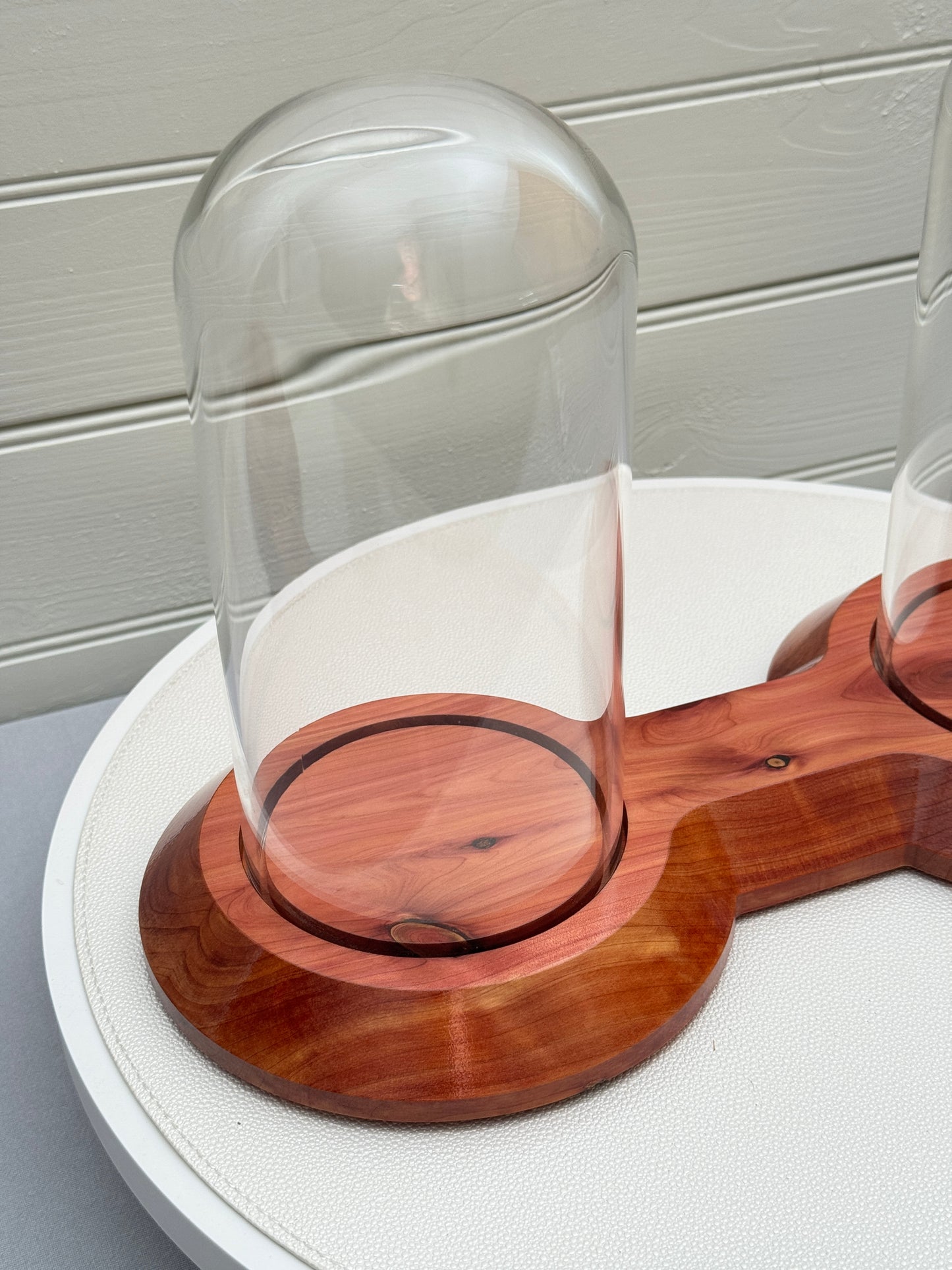 Large Cedar Showcase Display with 2 glass domes
